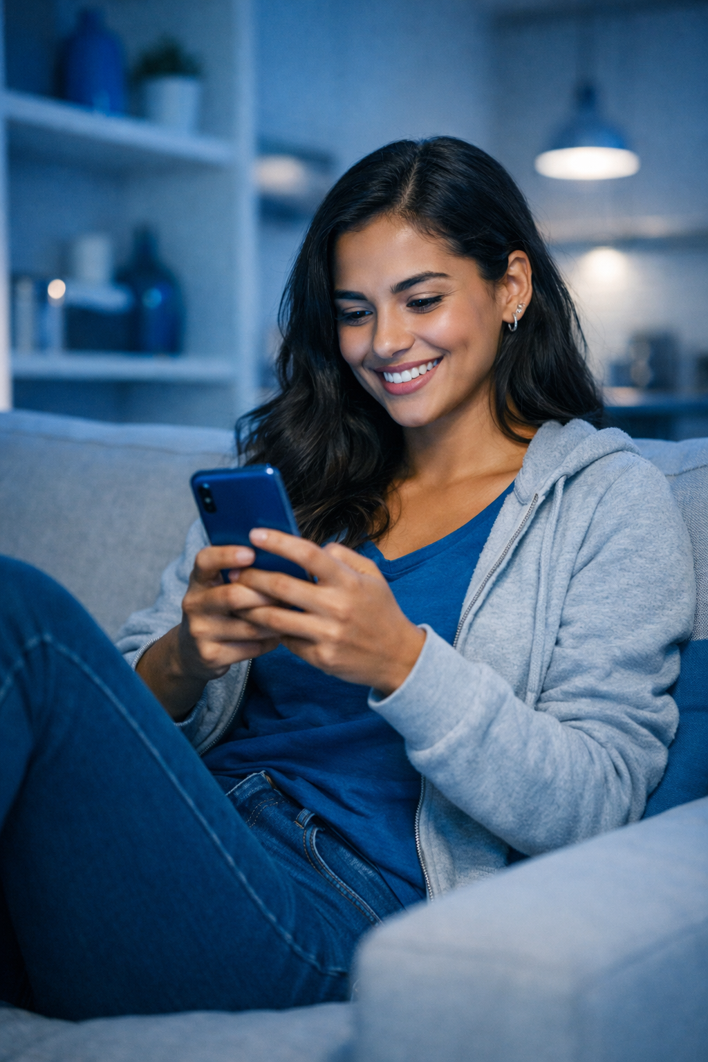 Jovem sorridente fazendo uma indicação pelo celular